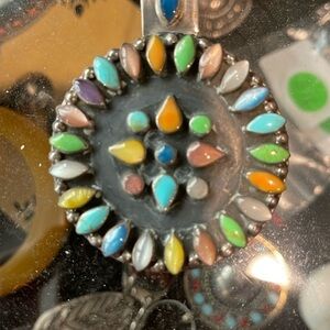 American Indian multi color turquoise sterling pendant and chain necklace